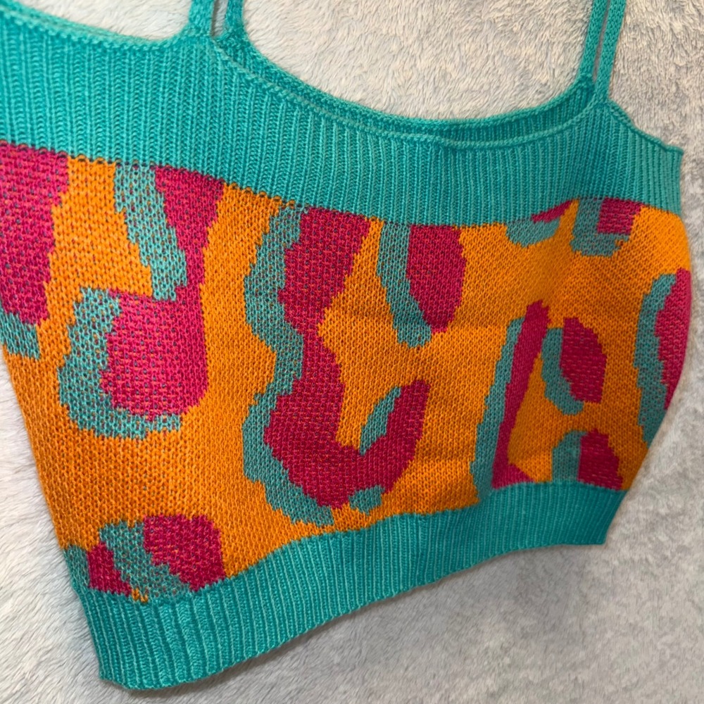 Artsy Abstract Knit Cami Crop Top Teal Orange Animal Print Sz L Dopamine whimsy